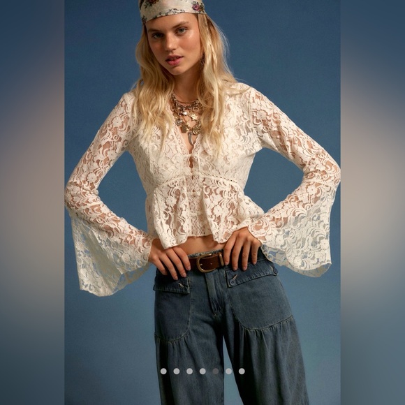 Free People Tops - NWT - Free People Whispering Love Lace Peplum Blouse - Tofu